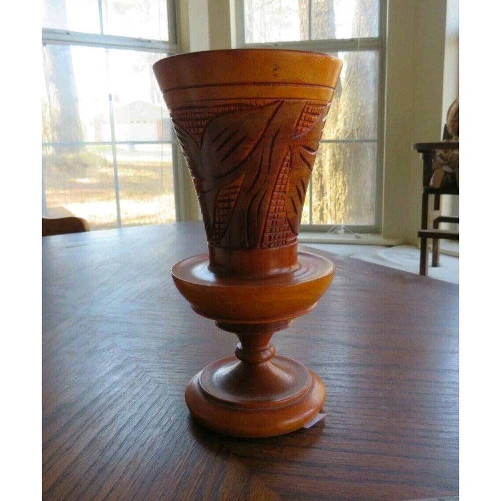Vintage Hand Turned Carved Wood Pedestal Vase 9.25" Tall Leaf Design Decorative